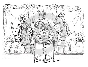 Meals in the third century after the Virgil of the Vatican, vintage engraving