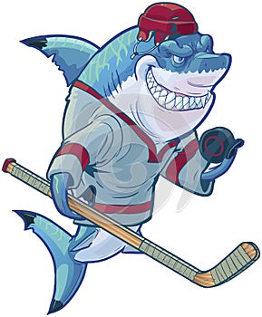 Mean Cartoon Hockey Shark with Stick and Puck