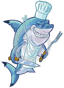 Mean Cartoon Shark Chef with Barbecue Utensils