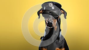 Mean looking Doberman Pinscher working as a security officer or cop. Generative AI