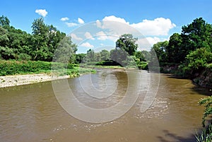 Meander of Odra river on czech-polish boundaries near Bohumin city