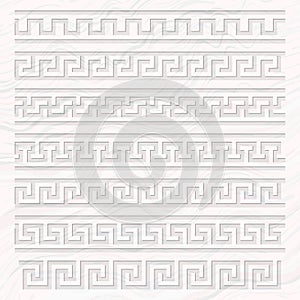 Meander pattern overlay on a marble background, Ancient Greece meandros ornament of various types