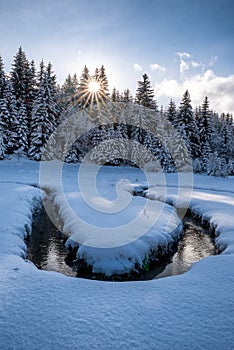 Meandering of the flow of the mountain stream in snowy winter country. Liptovska Luzna, Slovakia