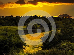 Meandering river in the light of the setting sun