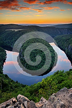 Meanders of river Vltava near Prague, famous vantage point of beatiful Czech Landscape during sunset.