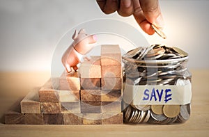 Meaning of saving money concept with piggy bank looking at holding hand with coin