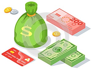 Means of payment various elements. Concept of big money. Big pile of cash. Credit bank card, bag