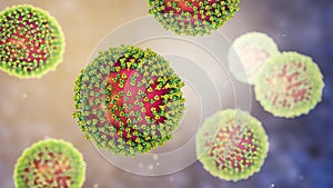 Measles viruses, illustration showing structure of measles virus with surface glycoprotein spikes