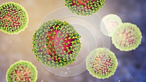 Measles viruses, illustration showing structure of measles virus with surface glycoprotein spikes photo
