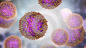 Measles viruses, illustration showing structure of measles virus with surface glycoprotein spikes photo
