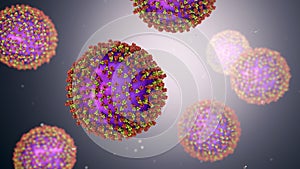 Measles viruses, illustration showing surface glycoprotein spikes heamagglutinin-neuraminidase and fusion protein photo