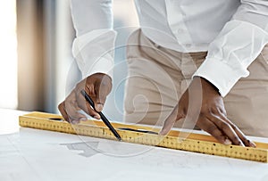 Measure, blueprint and architecture hands drawing lines for project development construction planning and design process