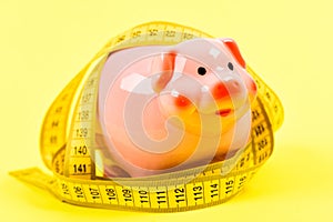 Measure costs. Credit loan debt. Piggy bank and measuring tape. Budget limit concept. Economics and finances. Pig trap