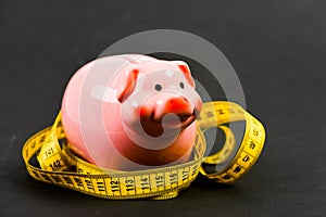 Measure costs. Limited or restricted. Credit loan debt. Piggy bank and measuring tape. Budget limit concept. Economics