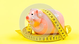 Measure costs. Piggy bank and measuring tape. Budget limit concept. Economics and finances. Pig trap. Budget crisis