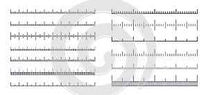 Measure scale. Ruler with meter, centimeter or inch marks, line length graphic with no numbers. Vector measurement scale photo