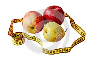 Measure tape and fresh fruit apples and pear isolated over white background. Loss weight, slim body, healthy diet concept