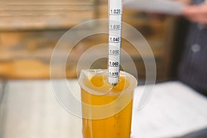 Measurement of alcohol content in beer. Hydrometer in glass of beer