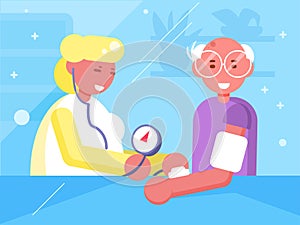 Measurement of blood pressure at the doctor Vector. Cartoon. Isolated art