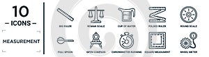 measurement linear icon set. includes thin line big ruler, cup of water, round scale, open compass, square measument, wheel meter