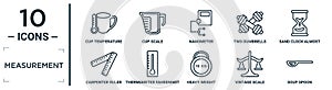 measurement linear icon set. includes thin line cup temperature, nanometer, sand clock almost finish, thermometer fahrenheit and