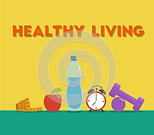 Measurement tape, bottle of water, dumbbells, clock and apple on floor. Set of fitness equipment. Minimal flat vector illustration