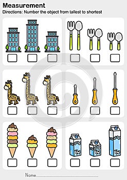 Measurement worksheet - Number the object from tallest to shortest photo