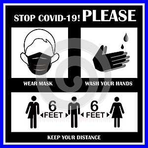 The measures to stop the spread of COVID-19 sign. Wear mask. Wash hand. Keep distance. The mandatory sign during Coronavirus pande