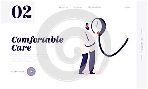 Measuring of Arterial Blood Pressure, Cardiology Diseases Website Landing Page. Tiny Doctor Holding Huge Medical Device