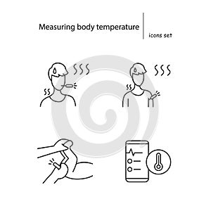Measuring body temperature icons set, instructive simple line vector illustrations
