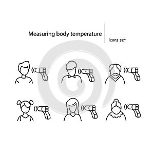 Measuring body temperature icons set. Persons heat and covid symptoms check simple vector illustration