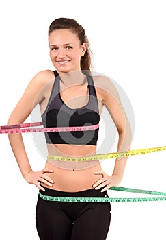 Measuring bust, waist, hips. Beautiful fit girl wrapped with three measuring tapes in inch.
