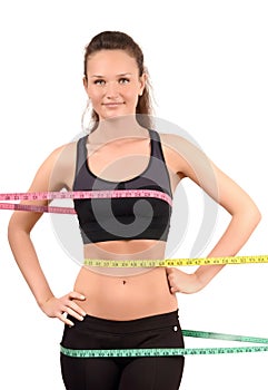 Measuring bust, waist, hips. Beautiful fit girl wrapped with three measuring tapes in inch.