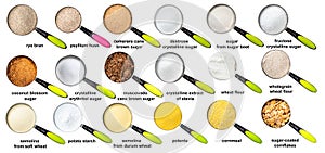 Measuring cups with various sugars with names