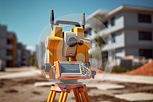 Measuring distances, angles and heights with a theodolite. Geodetic equipment, total station at a construction site. Generative AI