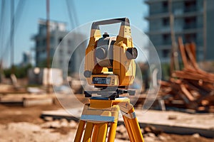 Measuring distances, angles and heights with a theodolite. Geodetic equipment, total station at a construction site. Generative AI