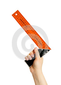 Measuring instrument in hand on white background