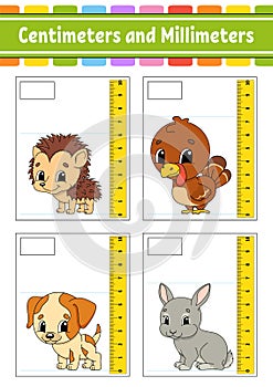 Measuring length in centimeter and millimeter. Education developing worksheet. Game for kids. Color activity page. Puzzle for