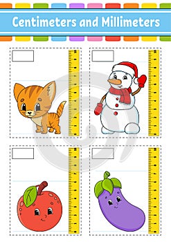 Measuring length in centimeter and millimeter. Education developing worksheet. Game for kids. Color activity page. Puzzle for