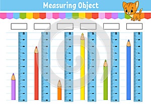 Measuring length in centimeter with ruler. Education developing worksheet. Game for kids. Color activity page. Puzzle for children