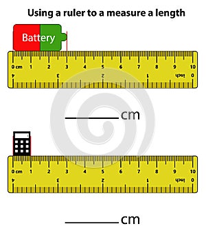 Measuring length in centimeters battery and calculator with the ruler. Education developing worksheet.