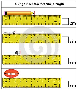 Measuring length in centimeters with the ruler. Education developing worksheet.