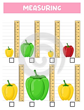 Measuring length with ruler. Education developing worksheet. Game for kids.Vector illustration. practice sheets.Pepper