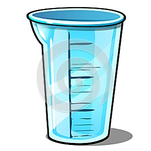 Measuring plastic cup isolated on white background. Vector cartoon close-up illustration.