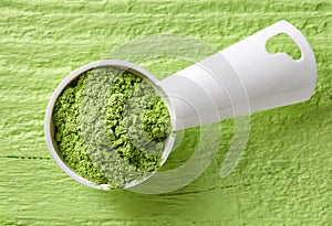 Measuring scoop of barley or wheat grass powder on green background