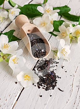 Measuring scoop with black tea and fresh jasmine flowers