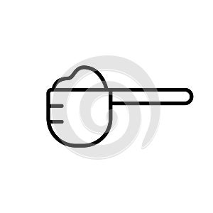 Measuring spoon with portion of dry powder. Linear icon of muscle building protein whey. Black illustration of scoop with sport