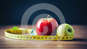 measuring tape apple on wooden table. Emaciation photo