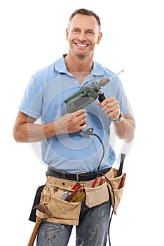 Measuring tape, construction worker and man with tools for engineering, maintenance and building. Manual labor, repair