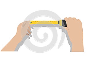 A tape measure in the hands of a man construction and repair company Flat vector illustration